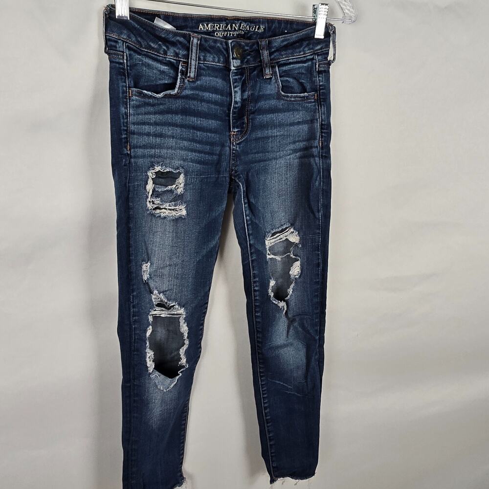 American Eagle Jegging Women's 4 Regular Blue Dark Wash Super Stretch X Distress - Picture 13 of 16